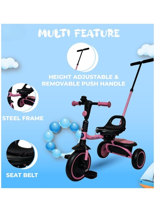 DAT Toddler Tricycle with Adjustable Parent Push Handle, Seat Belt & Rear Basket, EVA Wheels, Steel Frame, Age 1–3 Years, 25 kg Capacity (Approx. 64 x 41 x 96 cm) - Image 3